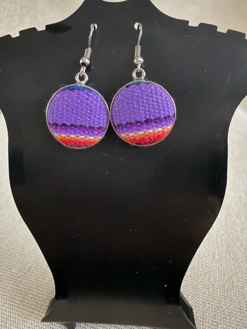 Purple and Red Round Fabric Drop Earrings